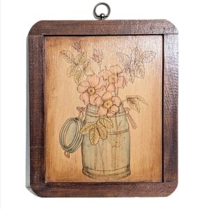 Vintage Wood Burn Burning Art Pink Floral Flowers Mason Jar Framed Wooden Art